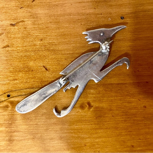 Vintage Native American Sterling Silver Roadrunner Pin Brooch with Turquoise Eye - Picture 2 of 6